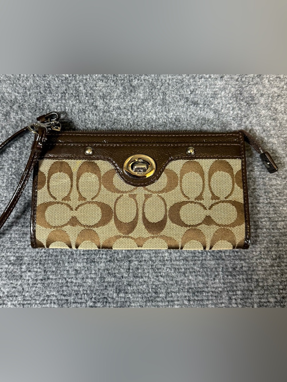 Coach Brown Signature Canvas Wristlet with Patent Trim